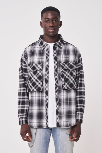 WESTERN APPLIQUE SPLICED CHECK SHIRT - GREY