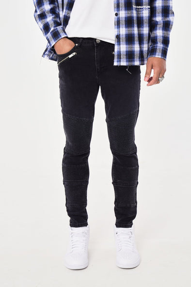 ZIP DETAIL BIKER PANEL DENIM JEANS - BLACK