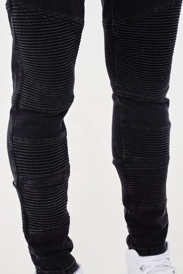 ZIP DETAIL BIKER PANEL DENIM JEANS - BLACK