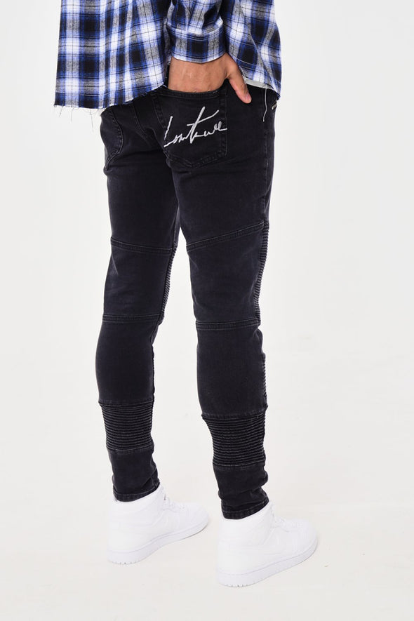 ZIP DETAIL BIKER PANEL DENIM JEANS - BLACK
