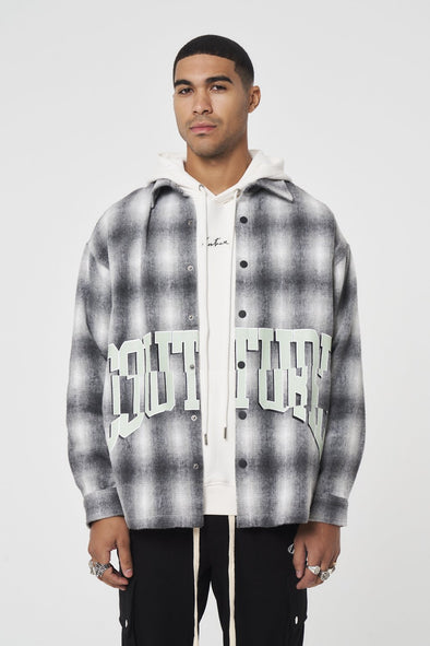 BRUSHED CHECK VARSITY PRINT SHACKET - GREY