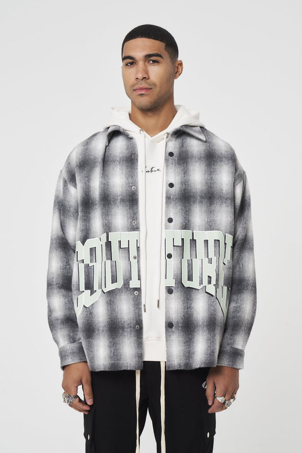 BRUSHED CHECK VARSITY PRINT SHACKET - GREY