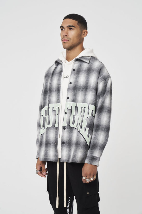 BRUSHED CHECK VARSITY PRINT SHACKET - GREY