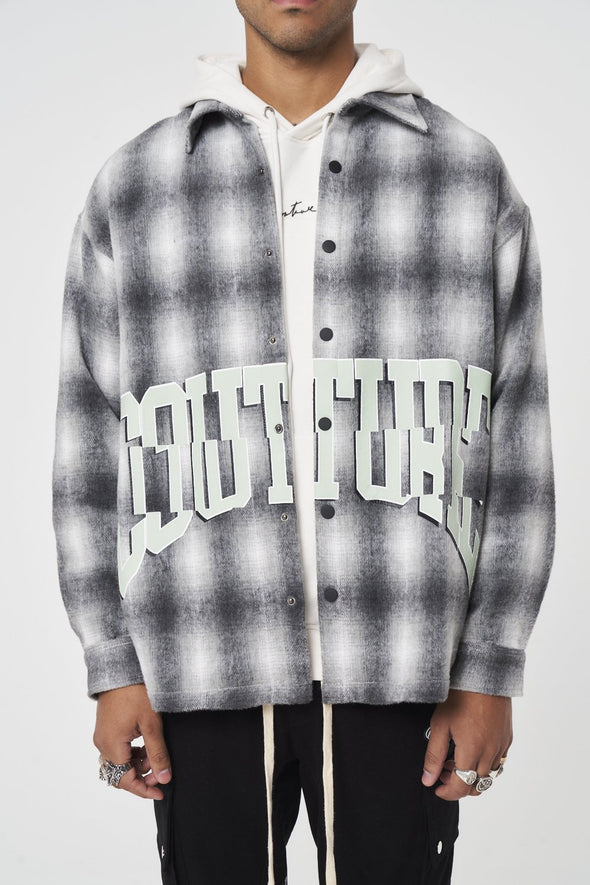 BRUSHED CHECK VARSITY PRINT SHACKET - GREY