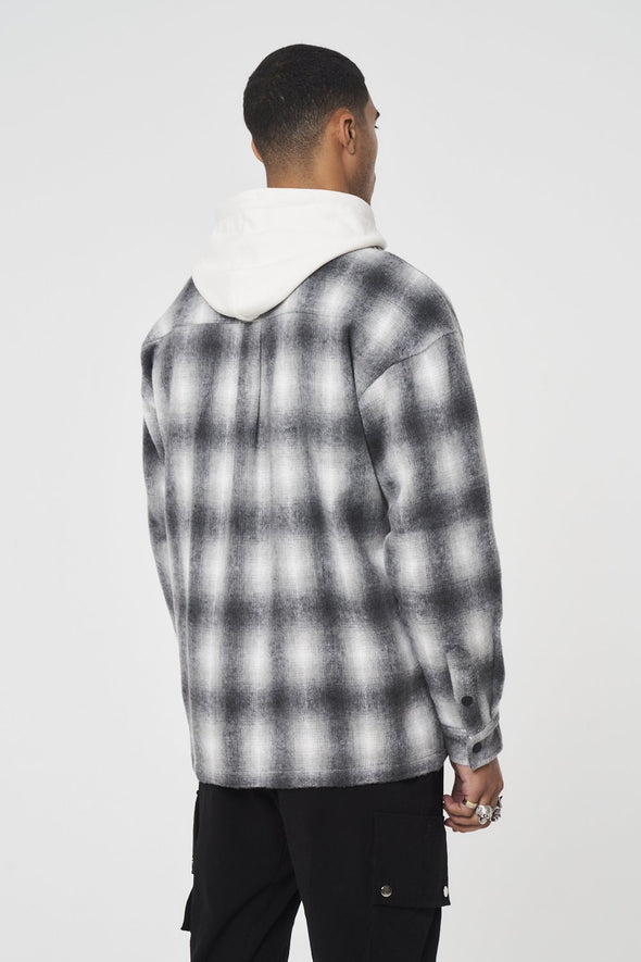 BRUSHED CHECK VARSITY PRINT SHACKET - GREY