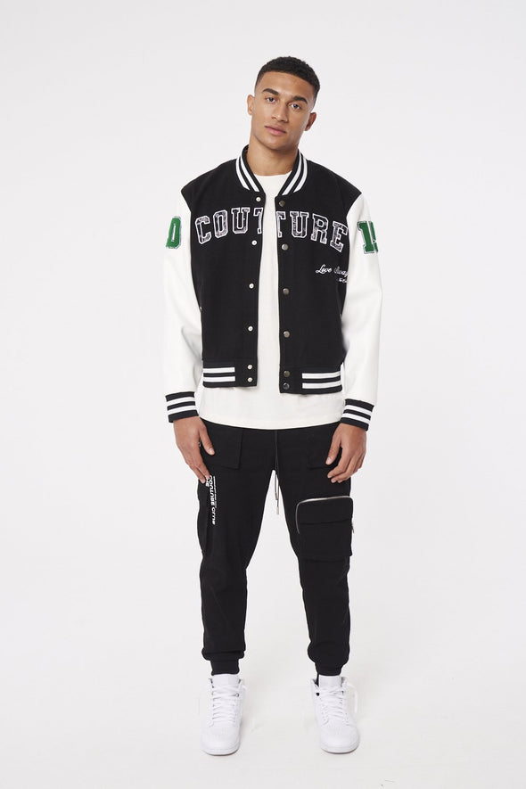 COUTURE APPLIQUE VARSITY BOMBER - BLACK