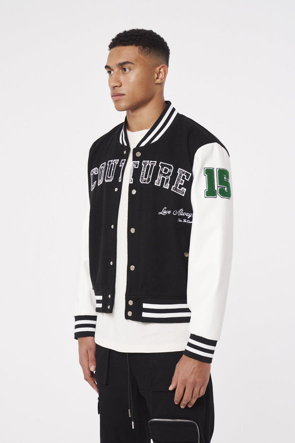 COUTURE APPLIQUE VARSITY BOMBER - BLACK