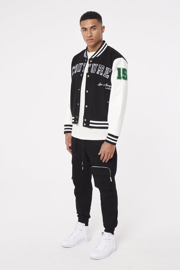 COUTURE APPLIQUE VARSITY BOMBER - BLACK