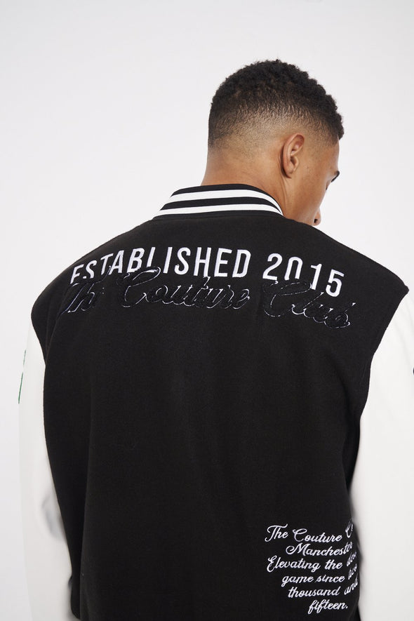 COUTURE APPLIQUE VARSITY BOMBER - BLACK