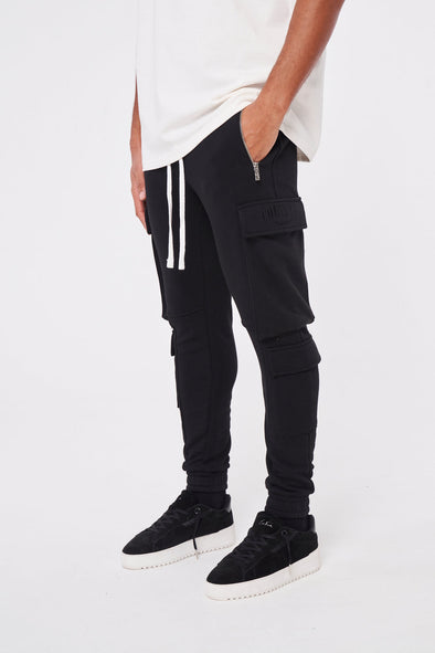 ZIP DETAIL JERSEY CARGO JOGGERS - BLACK