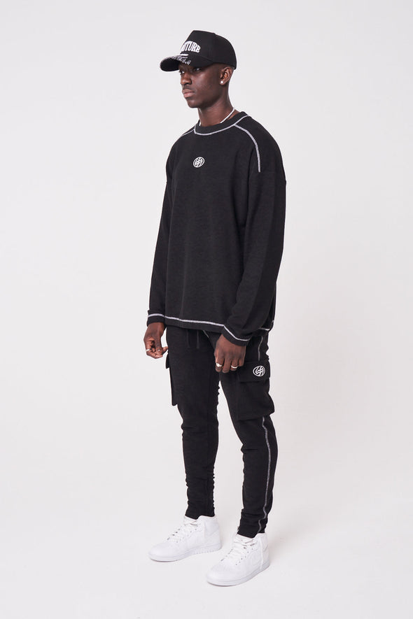 SIGNATURE CIRCLE OVERLOCK RELAXED FIT CREW - BLACK