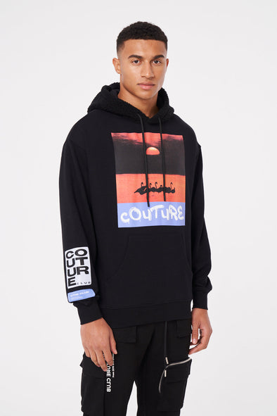 GRAPHIC BORG PANELLED RELAXED HOODIE - BLACK