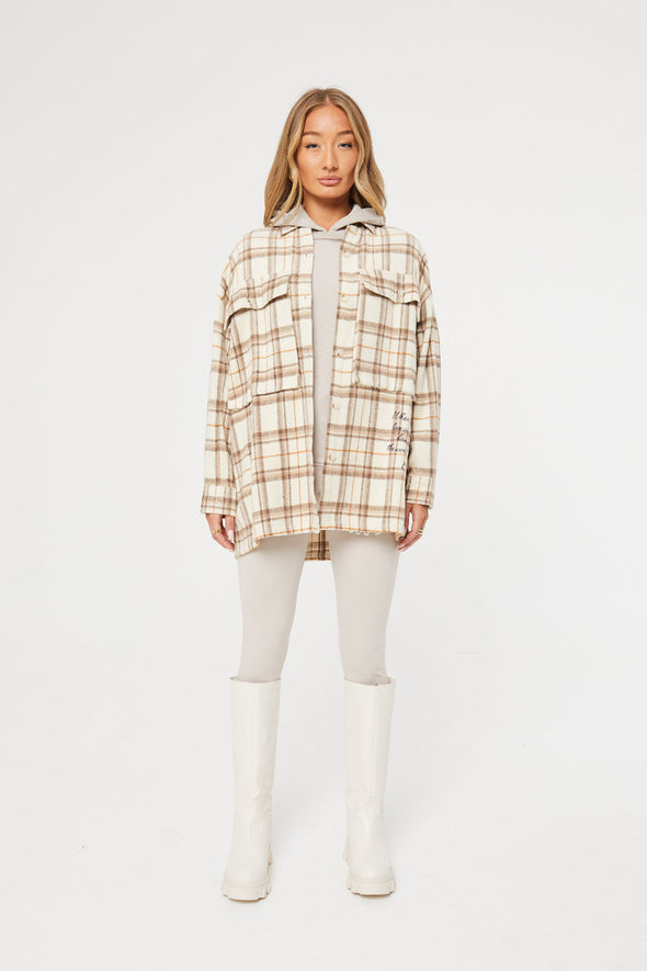 BRUSHED CHECK OVERSIZED SHACKET - WHITE