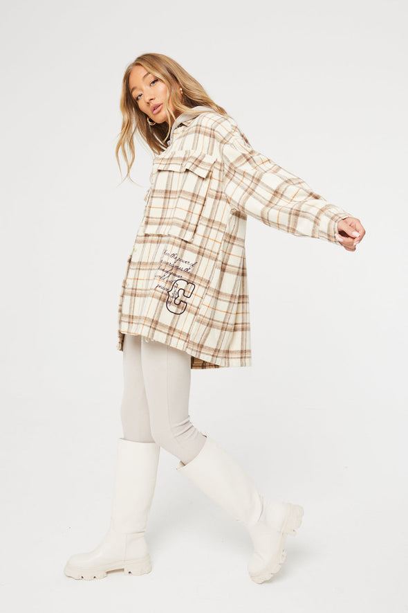 BRUSHED CHECK OVERSIZED SHACKET - WHITE
