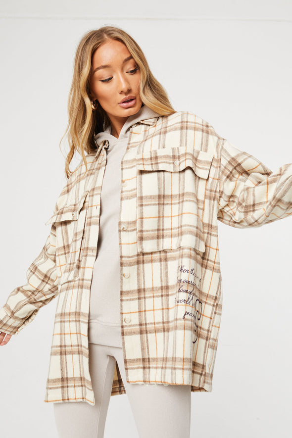 BRUSHED CHECK OVERSIZED SHACKET - WHITE