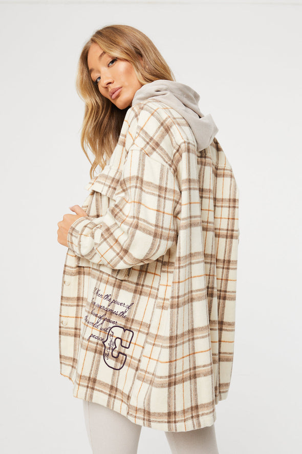 BRUSHED CHECK OVERSIZED SHACKET - WHITE