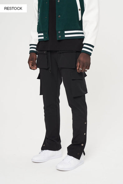 TECHNICAL STRETCH POPPER DETAIL CARGO PANTS - BLACK