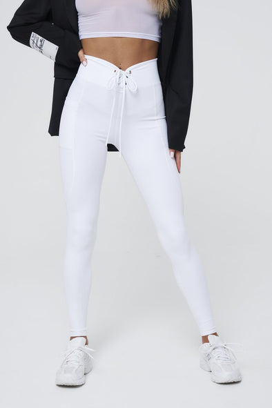 LACE-UP FRONT SUPPORT LEGGINGS - WHITE