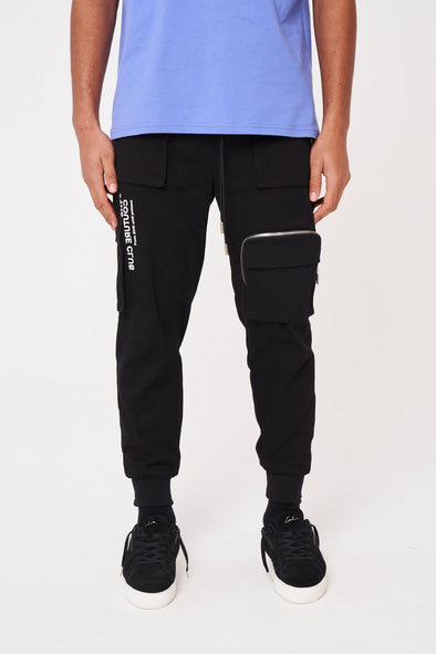 MULTI POCKET REVERSE SIGNATURE CARGO PANTS - BLACK