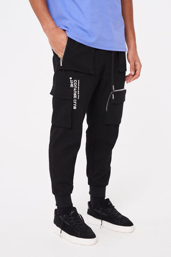MULTI POCKET REVERSE SIGNATURE CARGO PANTS - BLACK