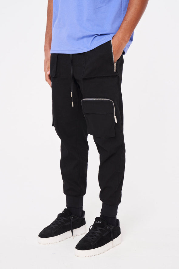 MULTI POCKET REVERSE SIGNATURE CARGO PANTS - BLACK